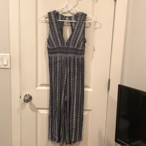 Blue and white patterned midi jumpsuit